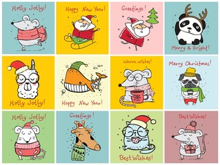 Vector illustration of christmas cats, rats, pigs,dogs with Christmas and new year greetings. Cute pets with holiday hats