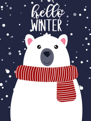 Hello winter greeting card. Cute polar bear in a scarf vector illustration