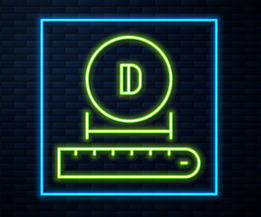 Glowing neon line Diameter icon isolated on brick wall background. Vector