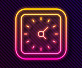 Glowing neon line Clock icon isolated on black background. Time symbol. Vector