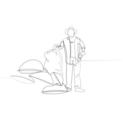 full length portrait of a mature farmer standing next to a pile of burlap sacks isolated on white. Vector illustration