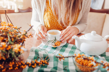 Tea with sea buckthorn berries served in cup and kettle on tray. Healthy hot drink for cold fall and winter days