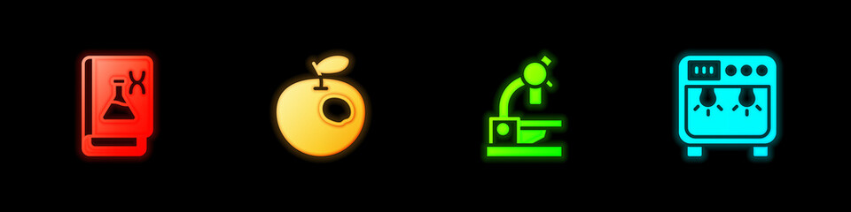 Set Genetic engineering book, Genetically modified apple, Microscope and Biosafety box icon. Vector