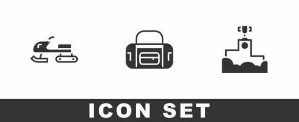 Set Snowmobile, Sport bag and Award winner podium icon. Vector