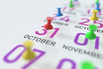 October 31 date and push pin on a calendar, 3D rendering