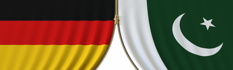 Germany and Pakistan cooperation or conflict, flags and closing or opening zipper between them. Conceptual 3D rendering