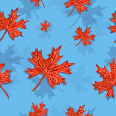 plasticine 3d illustration. red leaves on a blue background, seamless pattern, autumn theme