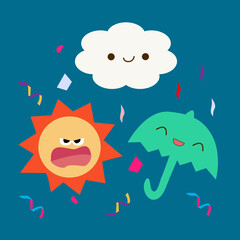 Cute collection. Vector illustration. Hand drawn cartoon sun,  umbrella, clouds on dark background. characters for print, card, stationery