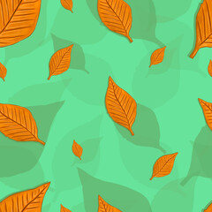 plasticine 3d illustration. orange leaves on a green background, seamless pattern, autumn theme