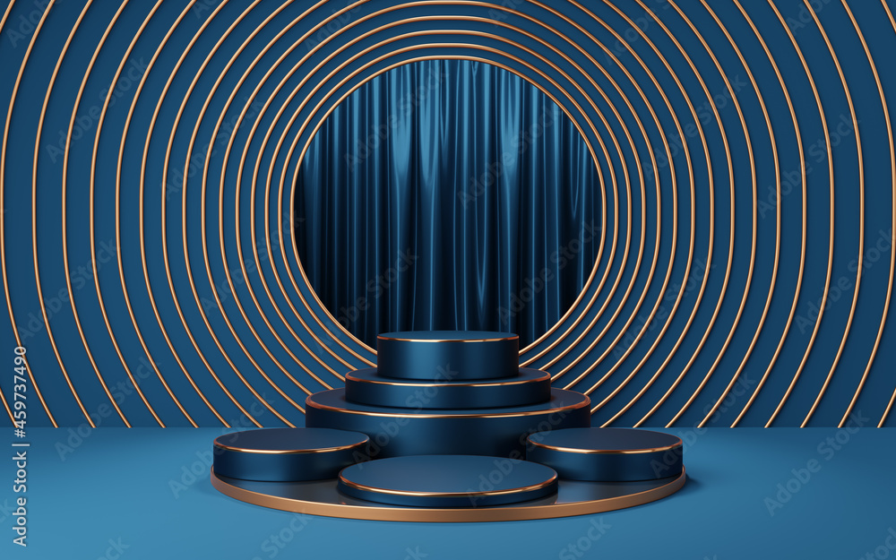 Wall mural 4 empty blue and black cylinder podium with copper border on gold circle arch and curtain background