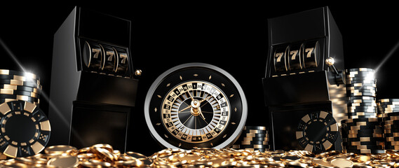 Roulette Wheel, Slot Machine, Four Aces, Casino Chips, Dice And Coins, Modern Black Carbon And Golden Isolated On The Black Background. Closeup - 3D Illustration	
