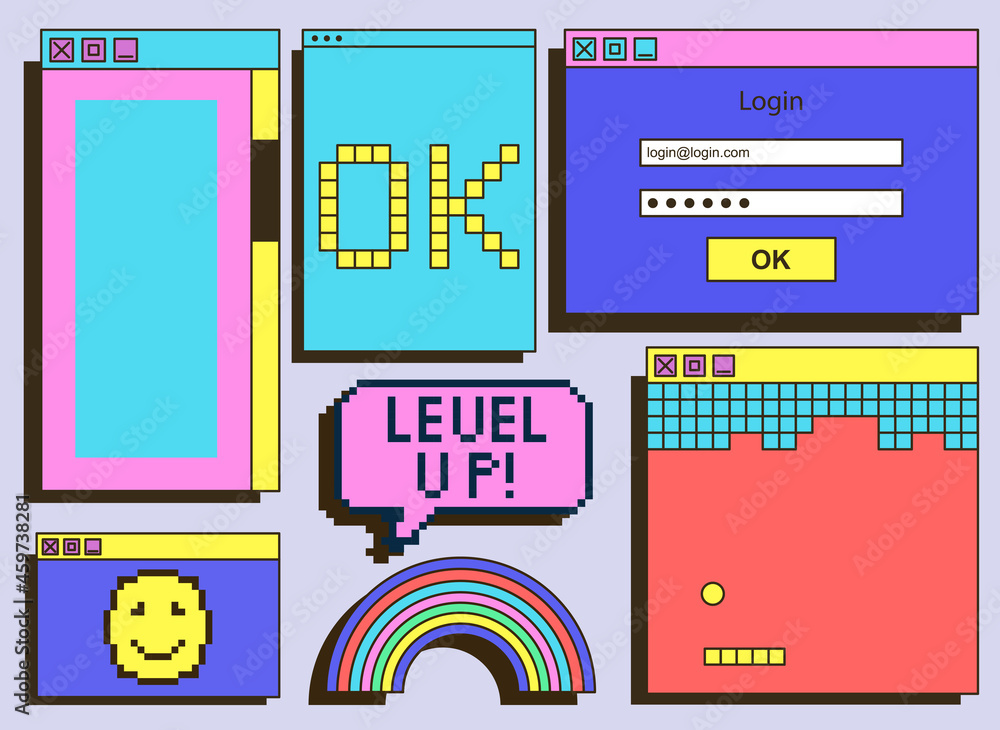 Poster set of vintage retrowave ui and ux graphic colorful computer windows on grey background. dialog box,