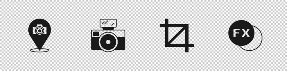 Obraz premium Set Photo camera, with flash, Picture crop photo and fx icon. Vector