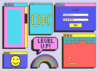 Set of vintage retrowave UI and UX graphic colorful computer windows on grey background. Dialog box, tab, button, modal window as a part of retro computer interface. Flat cartoon vector illustration © Rudzhan