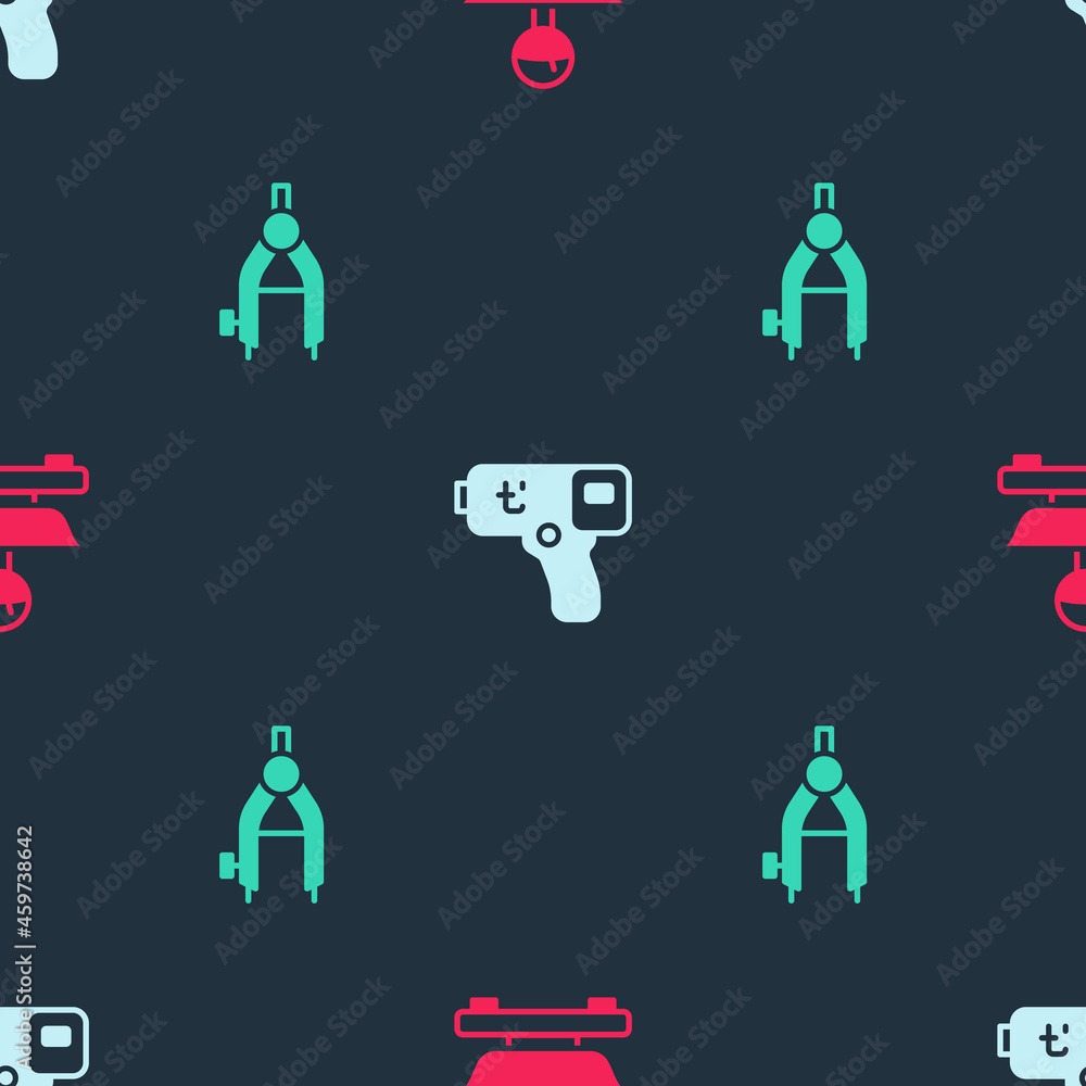 Poster set scales, digital thermometer and drawing compass on seamless pattern. vector