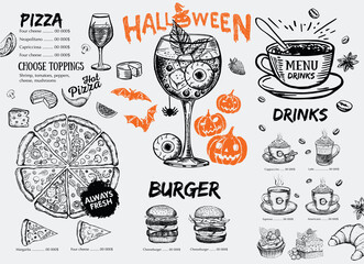 Restaurant cafe menu, template design, Halloween menu, Food flyer.	