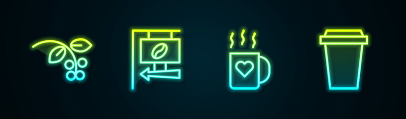 Fototapeta premium Set line Coffee bean, branch, Street signboard coffee, cup and heart and to go. Glowing neon icon. Vector