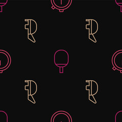 Set line Stopwatch, Fencing helmet mask and Racket for playing table tennis on seamless pattern. Vector