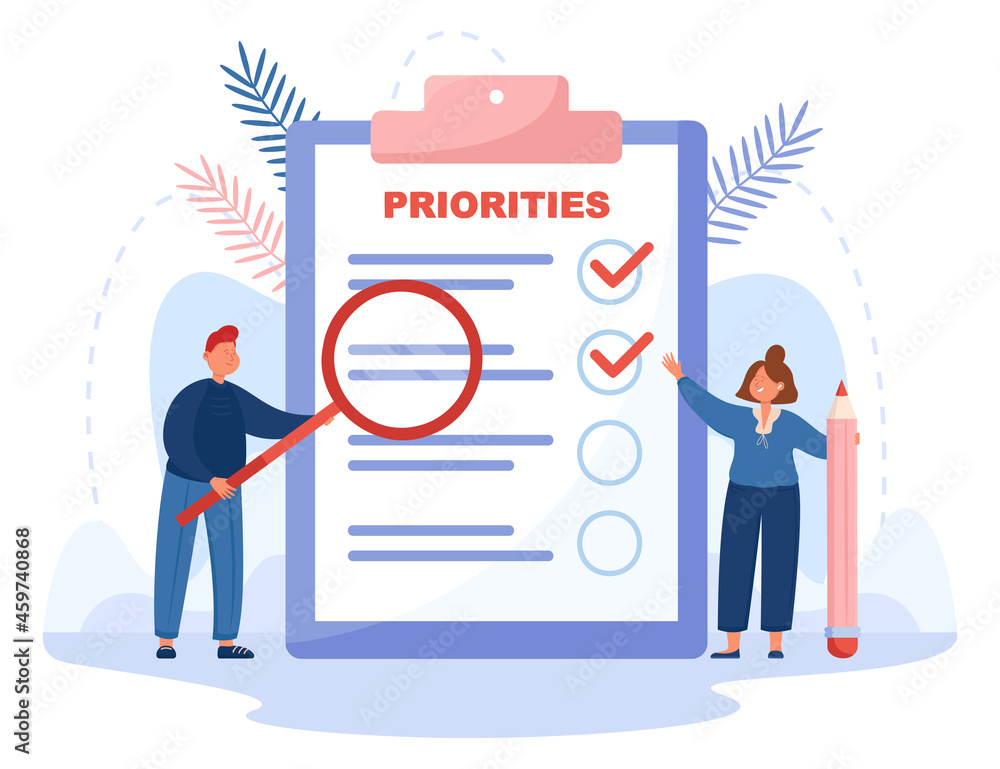 Poster tiny cartoon characters standing next to list of important tasks. people prioritizing work, progress