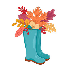 Vector illustration autumn wellies boots with blooming bouquet autumn leaves.