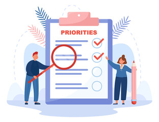 Tiny cartoon characters standing next to list of important tasks. People prioritizing work, progress flat vector illustration. Priority, addenda concept for banner, website design or landing web page