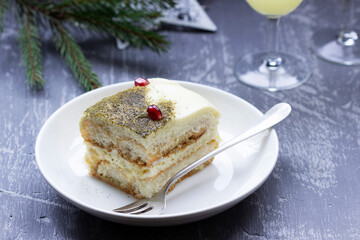 Italian dessert tiramisu, made with matcha tea and limoncello.
