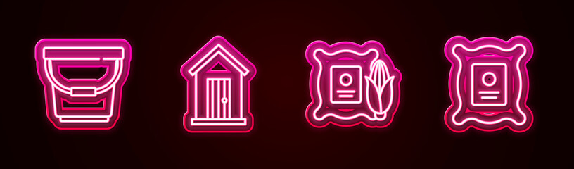 Set line Bucket, Farm house, Corn in the sack and Pack full of seeds of plant. Glowing neon icon. Vector