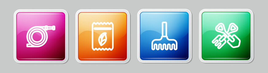 Set line Garden hose or fire hose, Pack full of seeds of plant, rake and Shovel and. Colorful square button. Vector