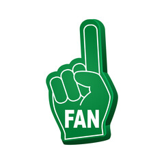 an foam finger. Hands up with glove with inscription 