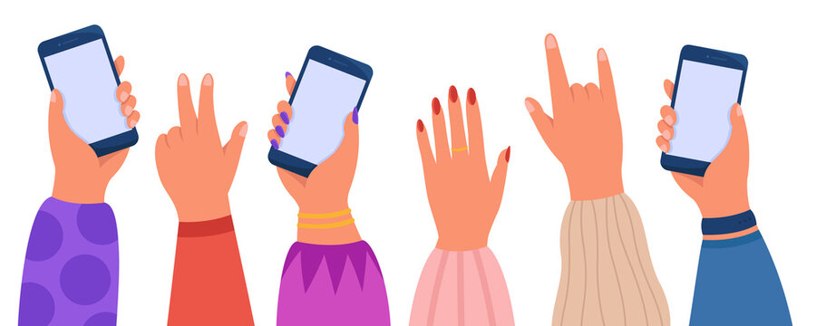 Hands of group of people holding phones at concert or party. Audience with smartphones flat vector illustration. Technology, entertainment concept for banner, website design or landing web page