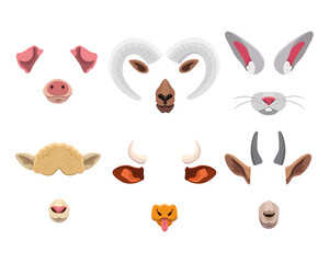 Animal face mask set for mobile application. Cartoon vector illustration of cute selfie filters with funny ears, nose, horns and tongue isolated on white. Photo and video effects for social media