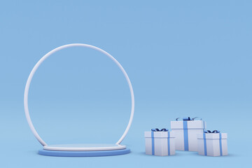 Merry Christmas and Happy New Year. 3D abstract minimal blue design, geometric podium with gift box, empty round stage, pedestal. Winter holiday background. Website header or banner