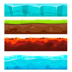 Poster Landscape ground layers set. Cartoon vector illustrations of dirt soil sections with underground stones and surface of grass field or meadow, ice platform and water levels. Archeology, geology concept © PCH.Vector