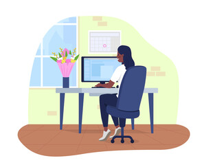 Cozy office 2D vector isolated illustration. Female employee received flowers. Woman sitting at computer desk flat character on cartoon background. Workplace with gifted bouquet colourful scene