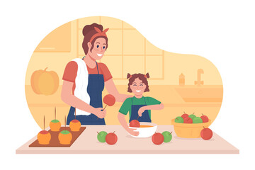 Cooking with kid in fall 2D vector isolated illustration. Making apples in frosting. Mother with kid spending time together flat characters on cartoon background. Fall treats colourful scene