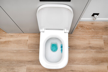 A white ceramic toilet with an open flap in a modern bathroom, a floor covered with ceramic tiles...