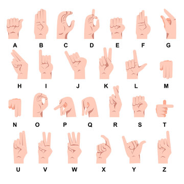 Hand showing sign language alphabet vector illustration set. Gestures for disabled or deaf people, fingers showing letters of alphabet isolated on white background. Communication, education concept