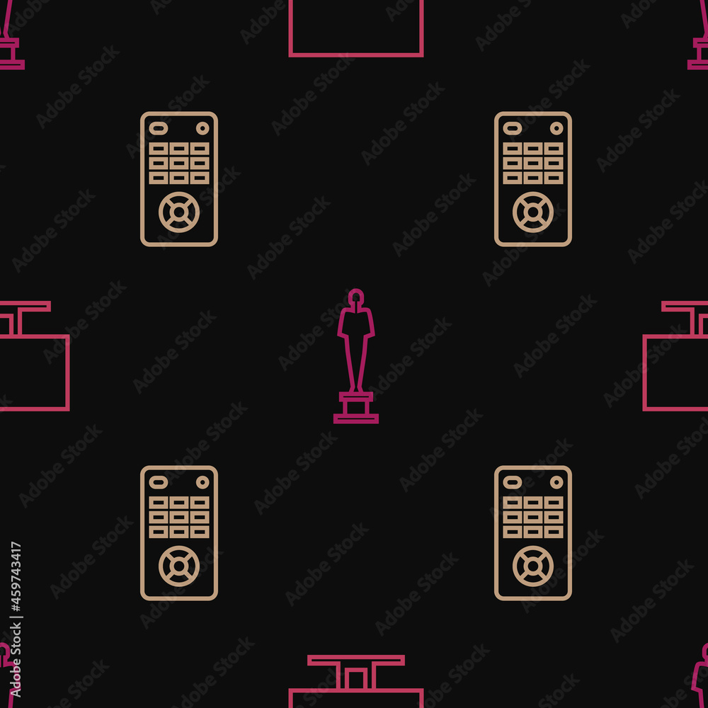 Poster set line smart tv, remote control and movie trophy on seamless pattern. vector