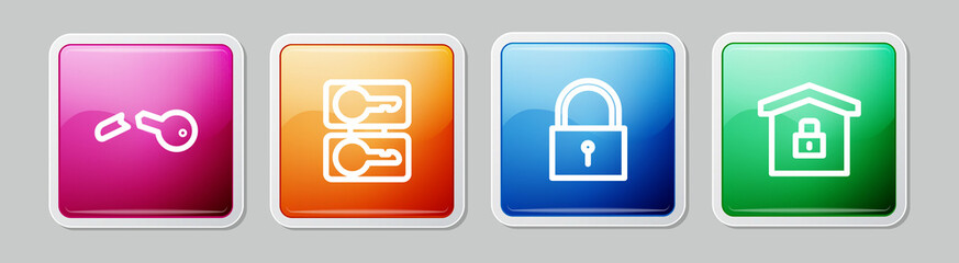 Set line Broken key, Casting keys, Lock and House under protection. Colorful square button. Vector