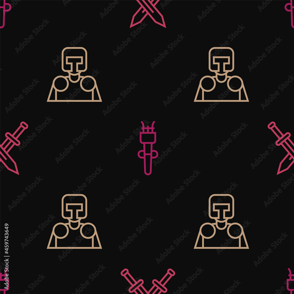 Poster set line crossed medieval sword, medieval knight and torch flame on seamless pattern. vector