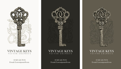 Vector set of business cards with vintage keys and ornate initial letters. Antique keys for logo, monogram, flyer, invitation. Suitable for real estate agency, jewelry, beauty and fashion industry.