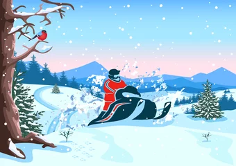 Fotobehang Vector illustration of a young man riding a snowmobile in the forest against the background of mountains. Winter recreation and sports. Active lifestyle. Extreme sports. © liana2012