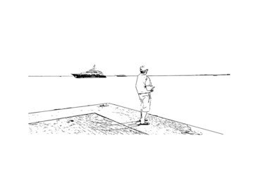 Building view with landmark of Kos is the 
island in Aegean Sea. Hand drawn sketch illustration in vector.