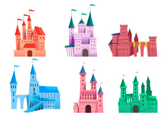 Fototapeta premium Medieval fairytale castle set. Cartoon vector illustrations of ancient fortresses, colorful fantasy palaces with old towers, stone walls and gate isolated on white. Fairy tale buildings concept