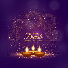 Happy diwali greetings festive background in violet color with fireworks and lamp © Apoloart