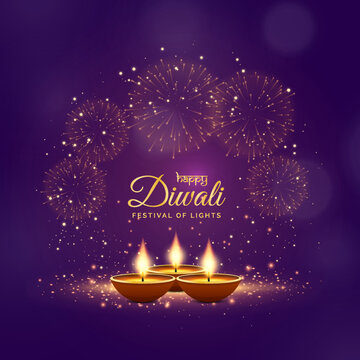 Happy diwali greetings festive background in violet color with fireworks and lamp