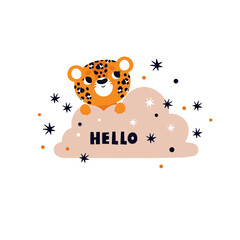 Cute leopard on a cloud. Welcome card with a baby animal
