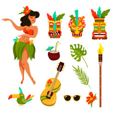 Symbols of Hawaii vector illustration set. Collection of traditional elements, Hawaiian guitar, mask, girl with flower in hair dancing isolated on white background. Traveling, tourism, culture concept - obrazy, fototapety, plakaty