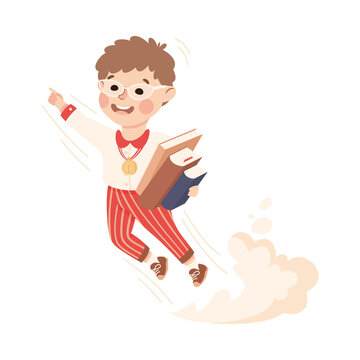 Superhero Little Boy at School Flying Forward with Books Achieving Goal and Gaining Knowledge Vector Illustration