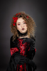 curly girl in princess dress with black chinchilla red-black